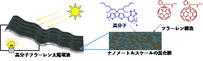 図２　高分子フラーレン太陽電池素子の発電イメージと化学構造