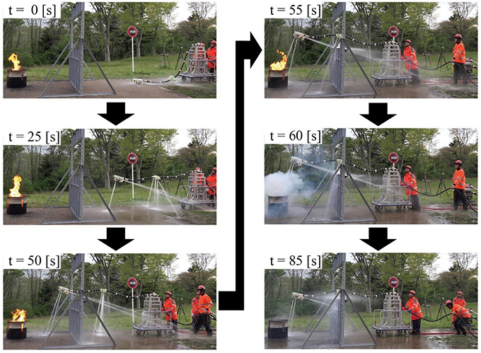 図３　開発したロボットによる消火実験の様子