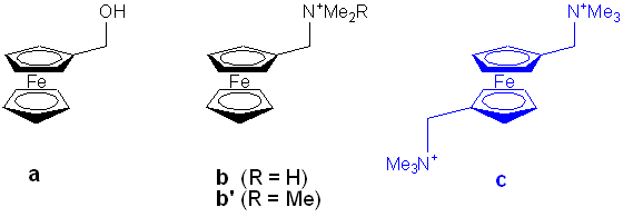 図２．フェロセン誘導体：(ａ)ヒドロキシ体、(ｂ)モノアミノ体、(ｃ)ジアミノ体（ゲスト分子）