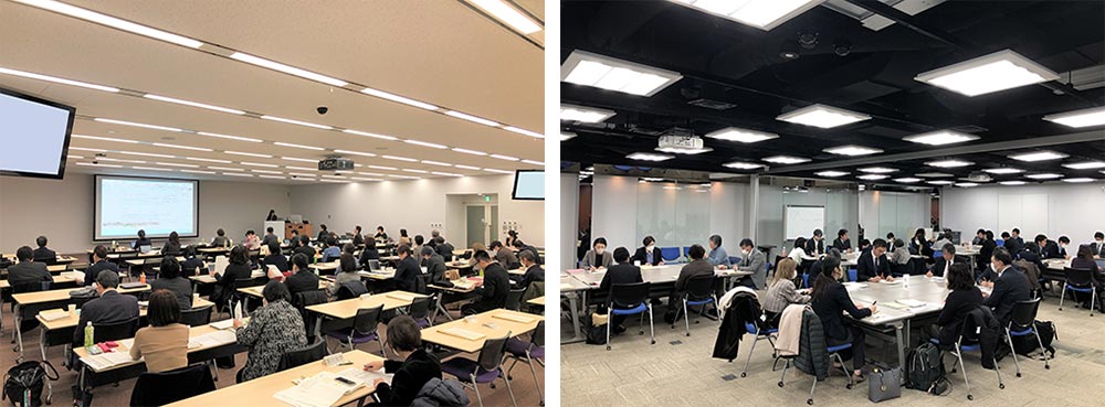 実施機関による報告(左)、情報交換会(右)の様子