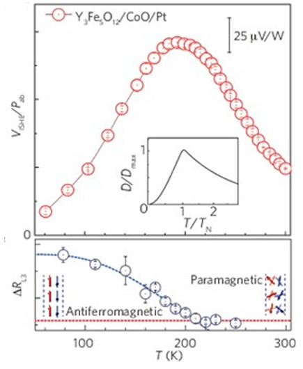 測定された逆スピンホール電圧の温度依存性（上図）と、CoO層の磁気相転移（下図）との対比図