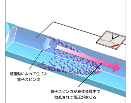 渦運動と電子スピン流および電圧の関係