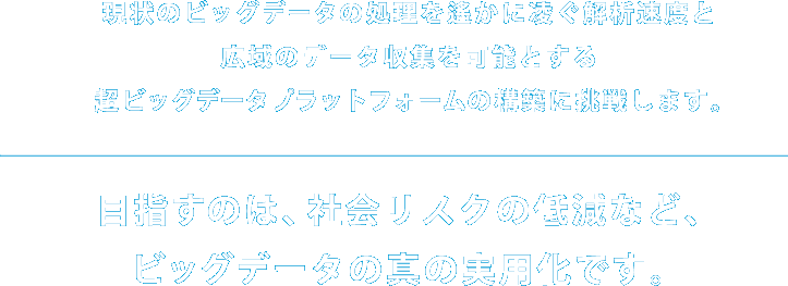 現状のビッグデータの処理を遙かに凌ぐ解析速度と広域のデータ収集を可能とする超ビッグデータプラットフォームの構築に挑戦します。目指すのは、社会リスクの低減など、ビッグデータの真の実用化です。