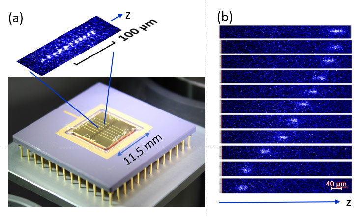 Fig. 3: (a)Surface-electrode trap and image of calcium ions trapped 200 μm above the electrode surface. (b) Results of ion transportation by varying applied voltages.