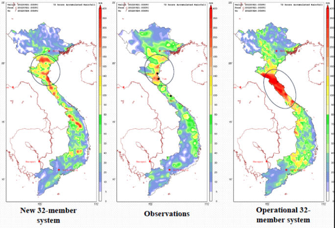 Fig. 2. Severe rainfall simulation in Vietnam. (left) our new ensemble precipitation forecast. (middle) observed rainfall. (right) operation forecast. It is shown that our novel uncertainty quantification method can contribute to improving the representation of rainfall simulation.