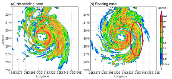 Figure 1: Precipitation distribution for the experiment without seeding (left) and with seeding (right) at 71 hours from the initial condition. The seeding greatly reduced the rainfall area east of the typhoon's center.
