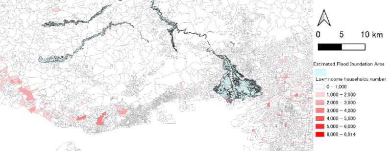 Figure 2. Areas of expected flooding and the number of exposed households (Hanshin area)