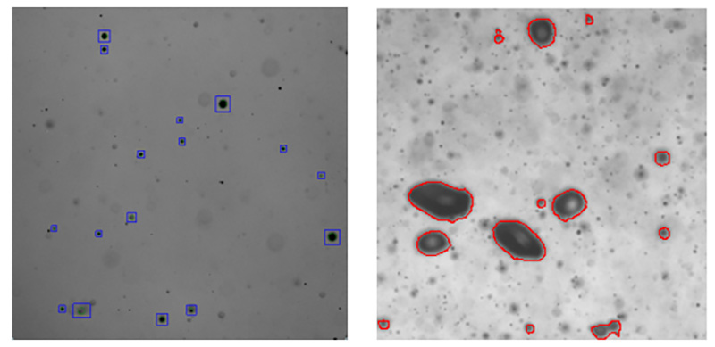 Fig. 3: Identifying particle size via shadow sizing system. Left: Water droplets. Right: Air bubbles