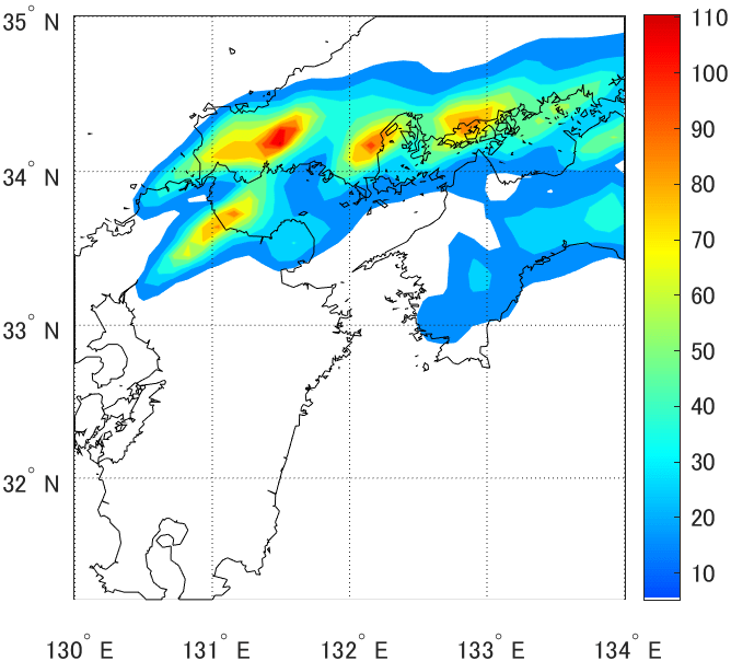 Accumulated rainfall over six hours for which sensitivity analysis was performed.