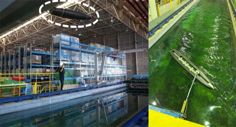 Fig. 2 Water tank tests using VM drone prototype #0. It was lifted up to the ceiling by a crane (white dashed circle) and dropped into the water tank for a strength test (left). The prototype #0 with six-axis stress sensor equipped to its mast was towed at high speed over the water tank to measure wave resistance and stress around the mast (right).