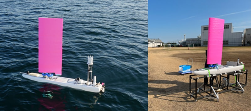 Fig. 3 Test in coastal waters by using prototype #1 in Suruga Bay, Japan (left). Operation check on land for sail and rudder control, and communication prior to the test (right).