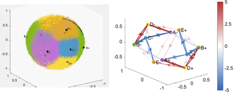 Figure 2: ten polarized states (ABCDE±) (left) and the difference between young and elderly (right)