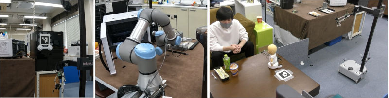 (左)冷蔵庫からの食品取り出し(中)電子レンジによる調理(右)調理済み食品の配送