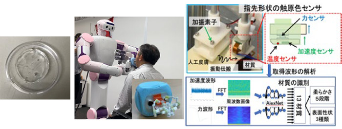 図1 (左)開発したハイドロゲル (中)口腔ケア用ハンドと実機テストの様子 (右)構築した触診AI