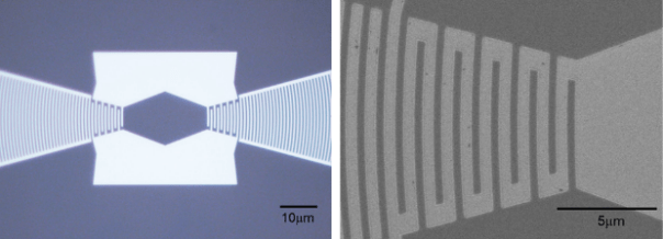 図3.(左)ダイヤモンドピエゾ薄膜上に弾性波共振器構造を有するIDT電極の光学顕微鏡像、(右)SEM像。