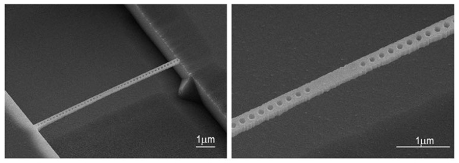 図３．ダイヤモンドエアブリッジ型フォトニック結晶ナノビーム共振器構造のSEM写真