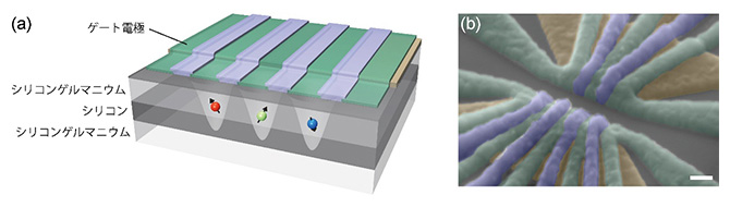 図1　三重量子ドット試料の模式図(左)および電子顕微鏡写真(右)。スケールバーは100nm(1nmは10億分の1メートル)。