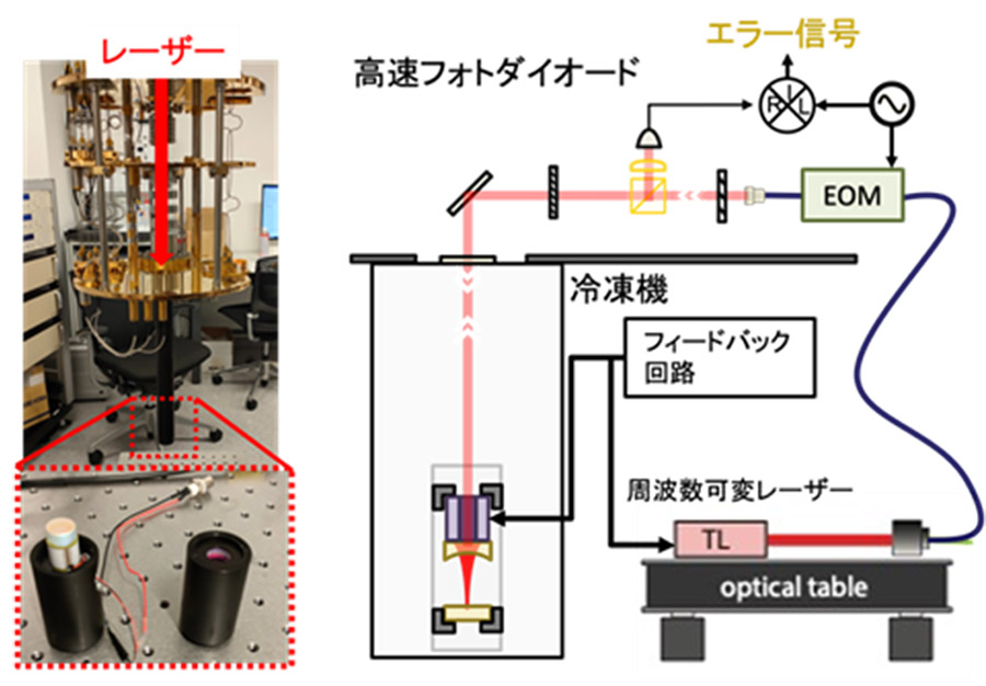 図２　無冷媒希釈冷凍機内で実現した光共振器の安定動作。　（左）冷凍機とテストした光共振器。　（右）実験セットアップ。
