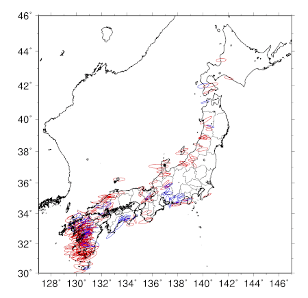 線状対流系豪雨の発生頻度マップ（右）