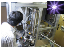 写真６：中性子利用型センサーの外観と重水素放電(上)