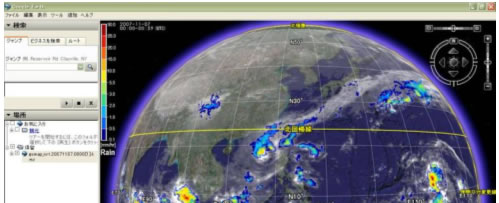 図２：JAXA/EORC世界の雨分布速報のGoogle Earth表示のサンプル。