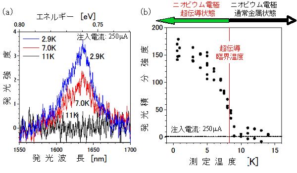 図４.超伝導量子井戸発光ダイオードから観測された発光スペクトルとその積分強度の温度依存性