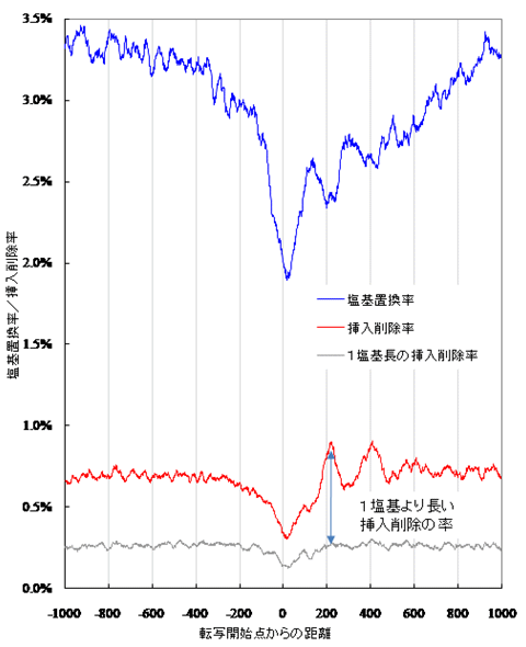 図2 転写開始点周辺での、塩基置換率、挿入削除率