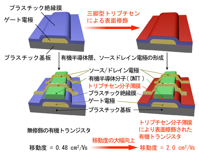 図１　トリプチセン分子を用いた有機トランジスタの絶縁膜表面の修飾