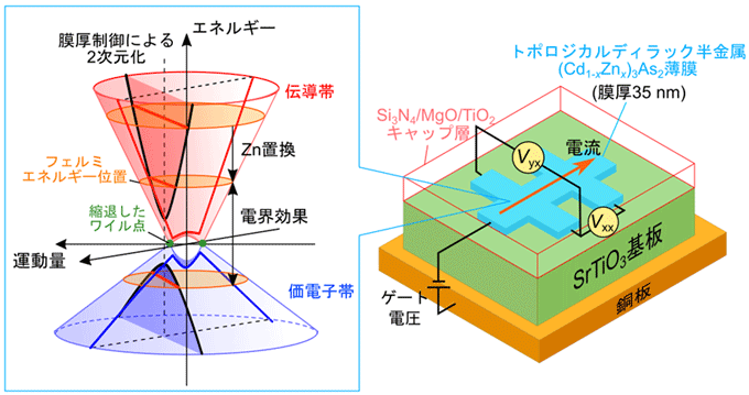 図１　トポロジカル半金属（Ｃｄ１－ｘＺｎｘ）３Ａｓ２の電子構造（左）とトランジスタ構造でのキャリア濃度の制御（右）