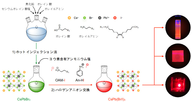 図１　ホットインジェクション法によるペロブスカイト量子ドットの合成とヨウ素含有アンモニウム塩を利用したハロゲンアニオン交換