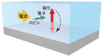 図　マルチフェロイクス材料において、電流を流すことで磁化が反転する現象のイメージ