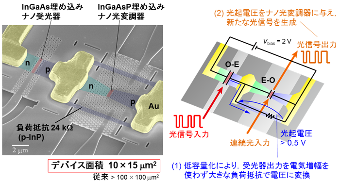 図３　ナノ受光器とナノ光変調器の集積によるＯ－Ｅ－Ｏ変換素子