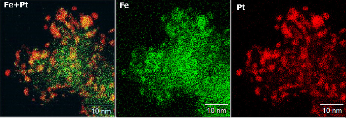 図６　鉄（Ｆｅ）と白金（Ｐｔ）ナノ合金元素分布画像