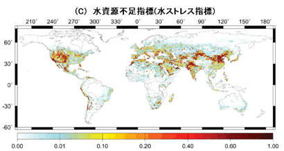 (C)水資源不足指標(水ストレス指標)の分布