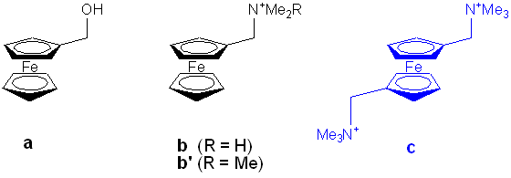 図2.フェロセン誘導体:(a)ヒドロキシ体、(b)モノアミノ体、(c)ジアミノ体(ゲスト分子)