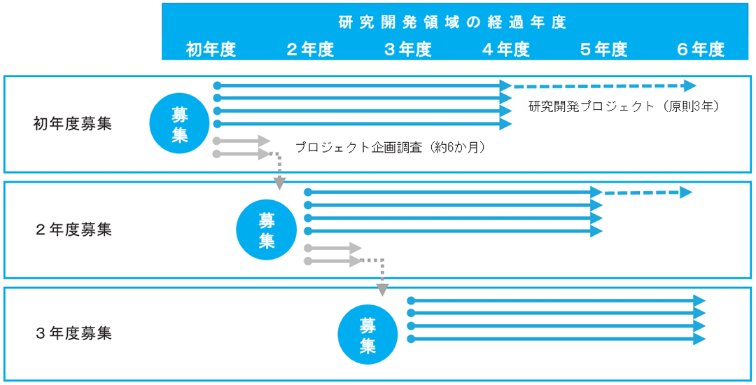 研究開発プロジェクトの実施パターン（6年間の研究開発領域の例）