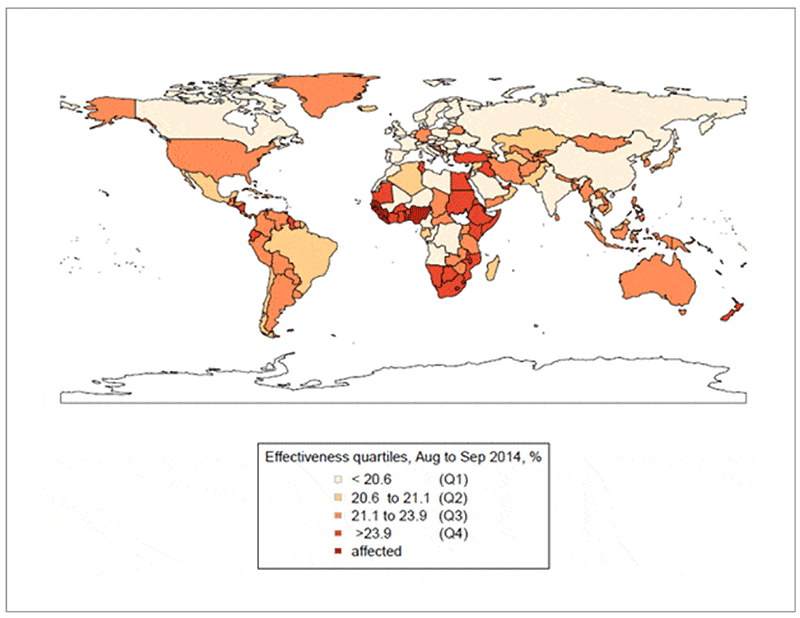 世界地図：数理モデルで計算した渡航抑制によるエボラ出血熱の流行リスクの低減効果の推定値