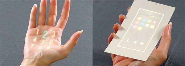 画像：動く紙に表示される画像（右）と、動く手のひらに表示される画像（触覚刺激も表示されている）