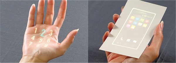 画像:動く紙に表示される画像(右)と、動く手のひらに表示される画像(触覚刺激も表示されている)