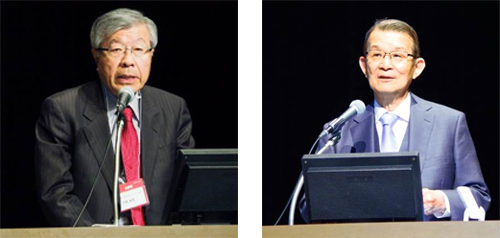 写真：久間和生　内閣府・総合科学技術イノベーション会議 常勤議員によるご挨拶（左）、岸輝雄プログラムディレクターによる開会挨拶（右）