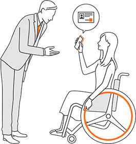 イラスト：車椅子に乗った女性がスマートフォンの画面を立っている男性に見せているところ
